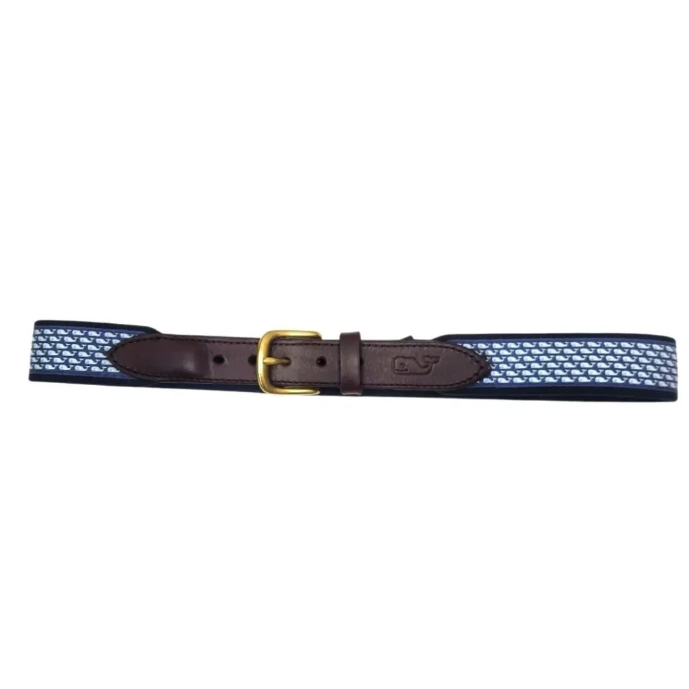 Vineyard Vines Brass Buckle Leather Trim Cotton Blend AOP Whale Logo Belt 28